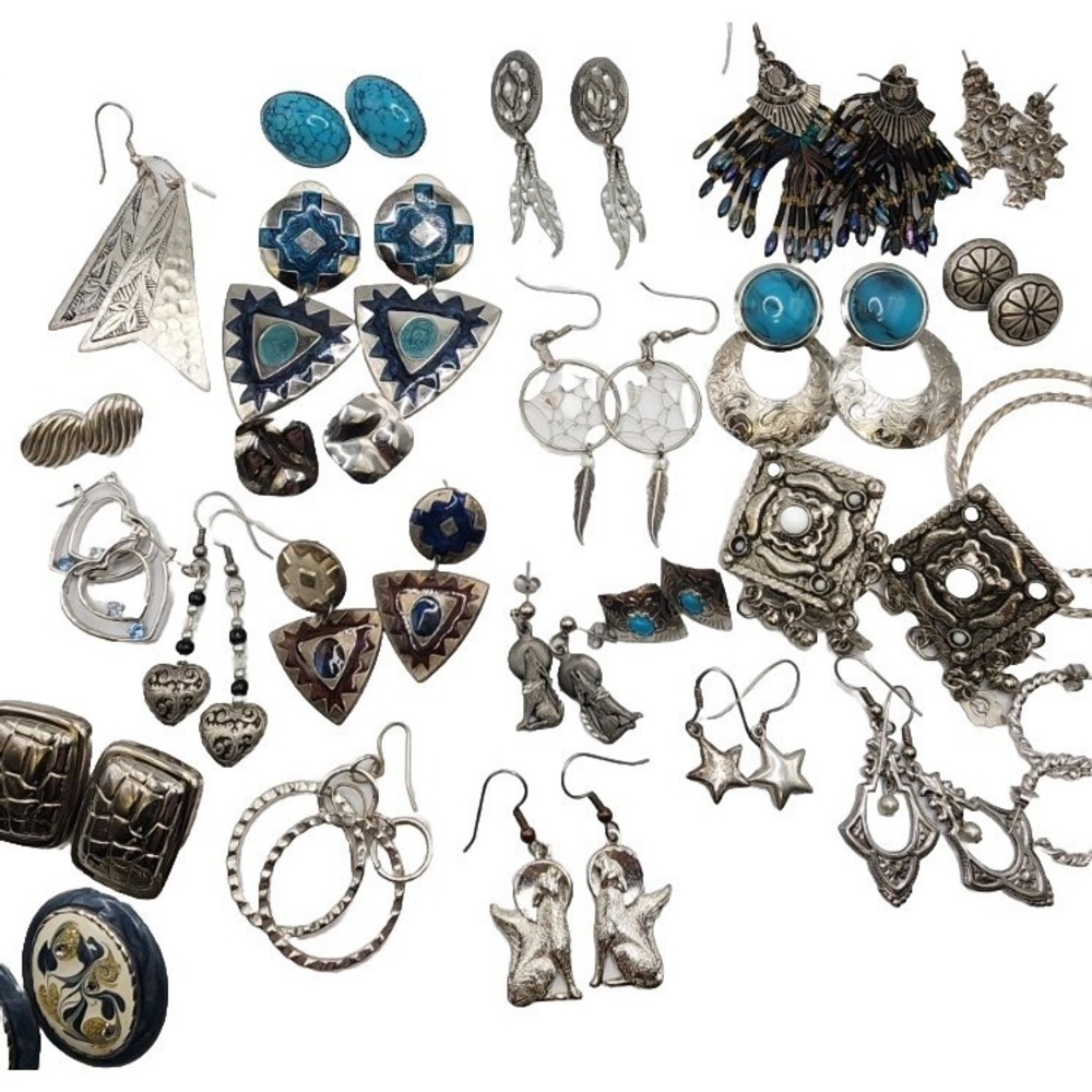 Vintage Silver Tone Earring Lot Boho Western Blue Hoop Dangle Drop 20 Pair